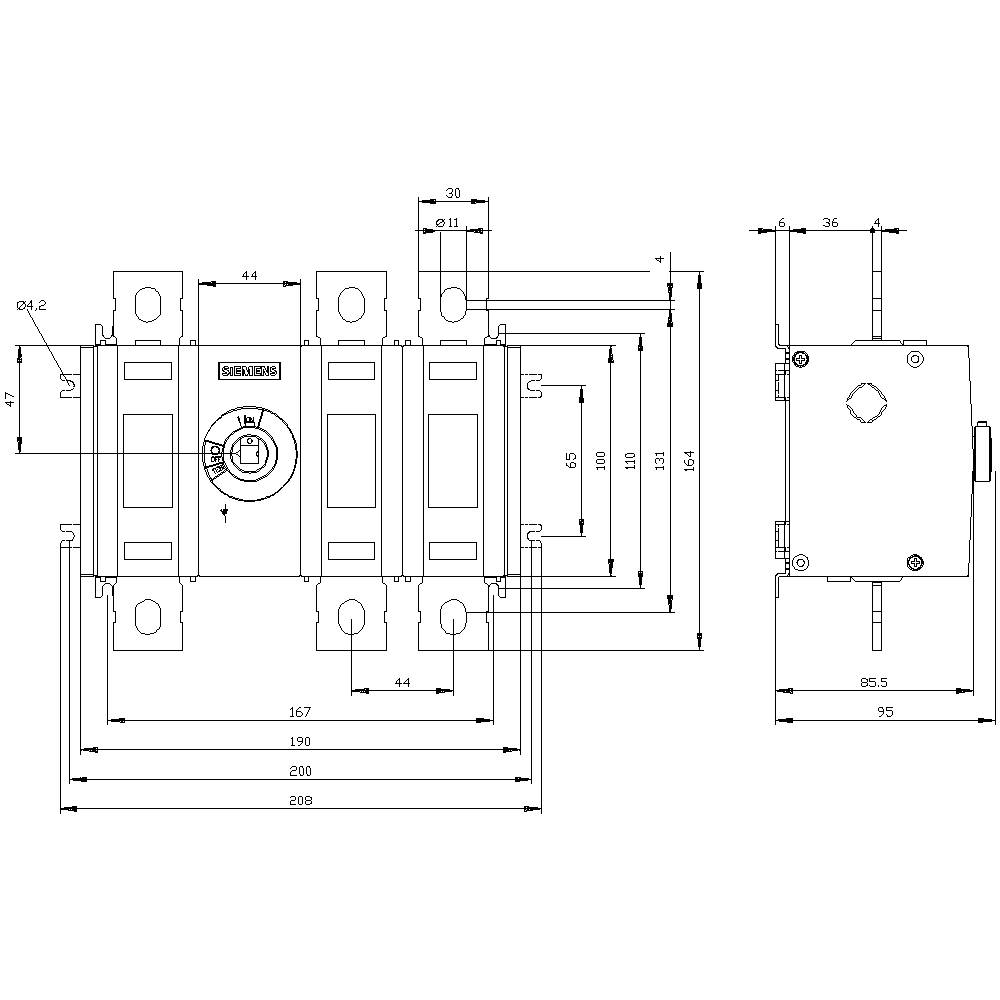 Technical drawing of a switch with dimensions in millimetres. Shows front view with details of height, width, and mounting points.