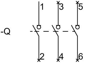 Circuit diagram of a mechanical switch with three contact pairs, numbered 1-6, in open position. The '-Q' symbol is placed on the left.