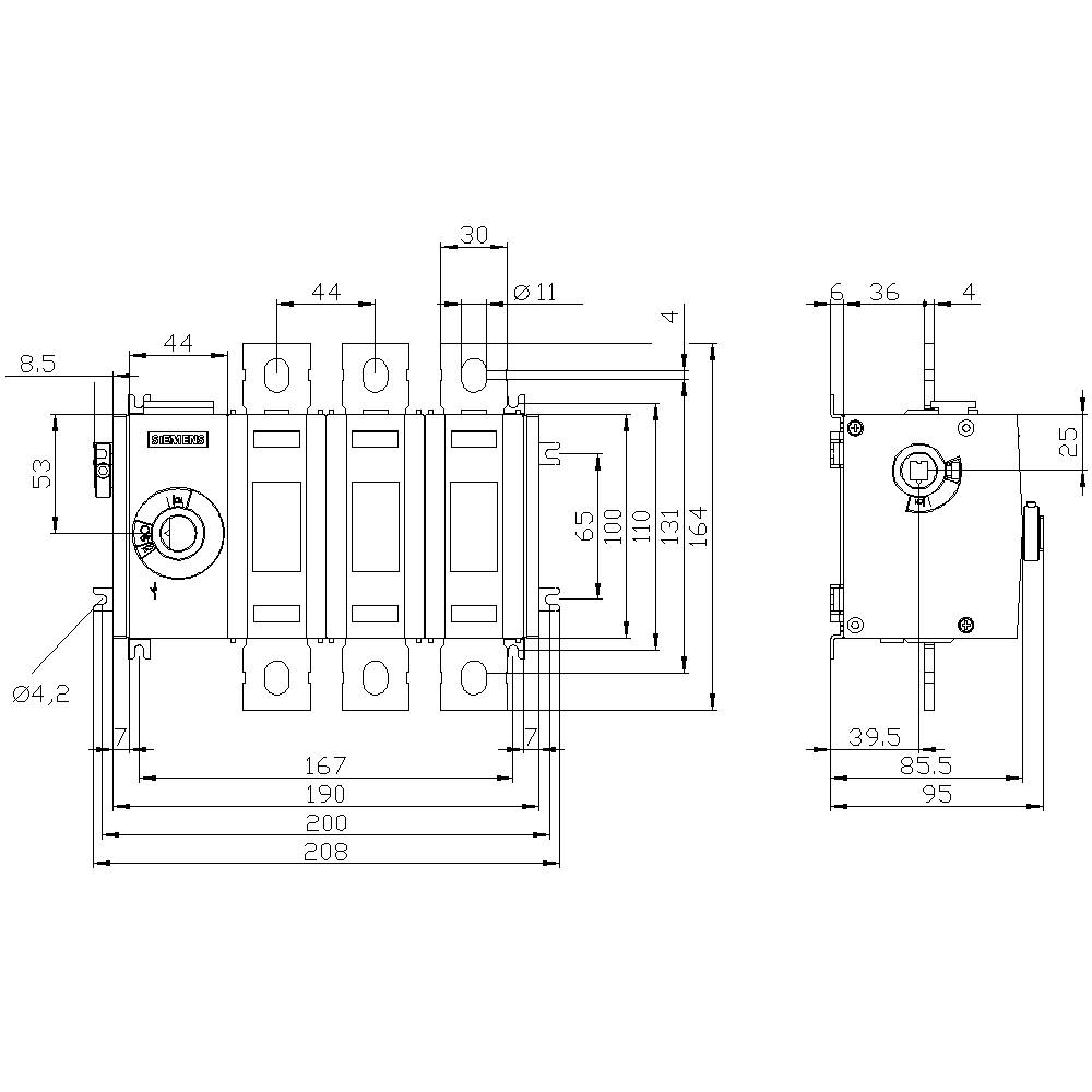 Technical drawing of an electrical switch with dimensions. Front and side views show detailed measurements.