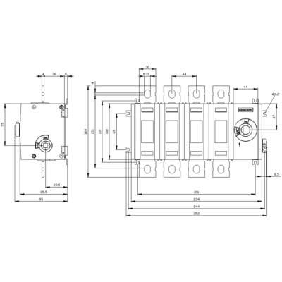 Circuit diagram of a multifunction switch with measurement units in millimetres; shows front and side view with detailed dimensions.
