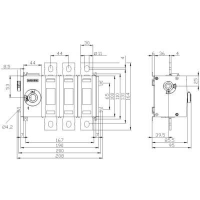 Technical drawing of a switching device: Front view and side view with dimensions in millimetres, details of mounting points.