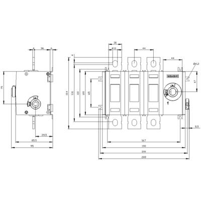 'Technical drawing of a switch with comprehensive dimensional specifications, showing front and side views, including mounting and connection details.'