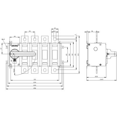 Technical drawing of a multi-pole switch with dimensions. Shows front and side view with detailed measurements in millimetres.