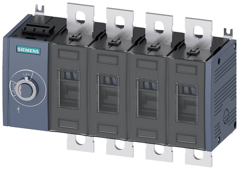 A multi-pole, grey Siemens switch with four switching chambers and a toggle switch for controlling electrical currents.