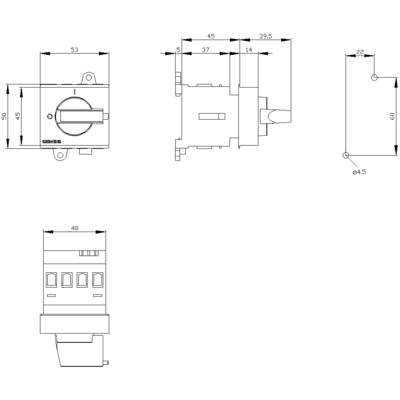 Technical drawing of a switch with dimensions. Front, side, and bottom views. Dimensions are in millimetres.