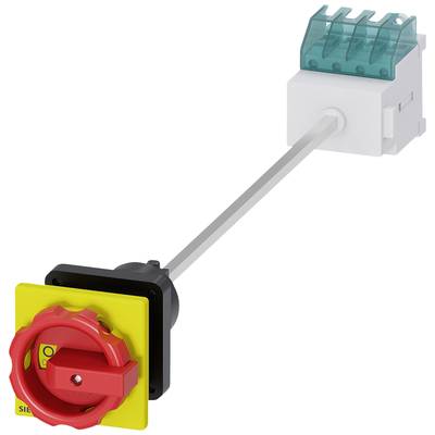 A red main switch with a yellow background plate and an extended stem. The switch is in the switched-on position.