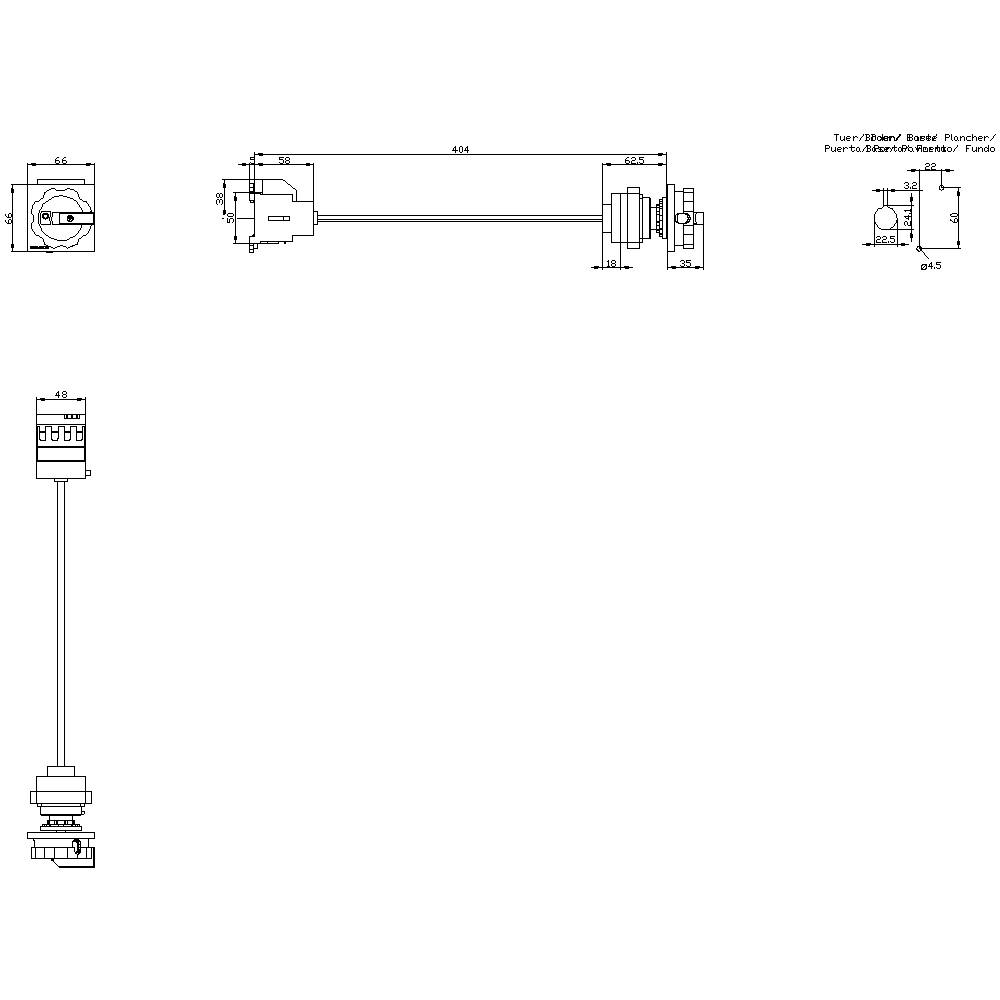 Technical drawing of a door/construction interlock switch with dimensional specifications and construction details, illustrated in multiple views.