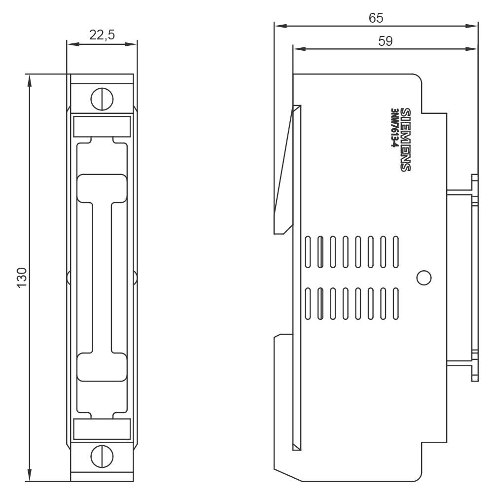 Technical drawing of an electrical component with dimensions in millimetres: 130 height, 22.5 width, 65 depth. Details include ventilation slots and mounting points.