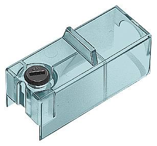 A rectangular, transparent blue water container with a black cap on the top, suitable for household appliances.
