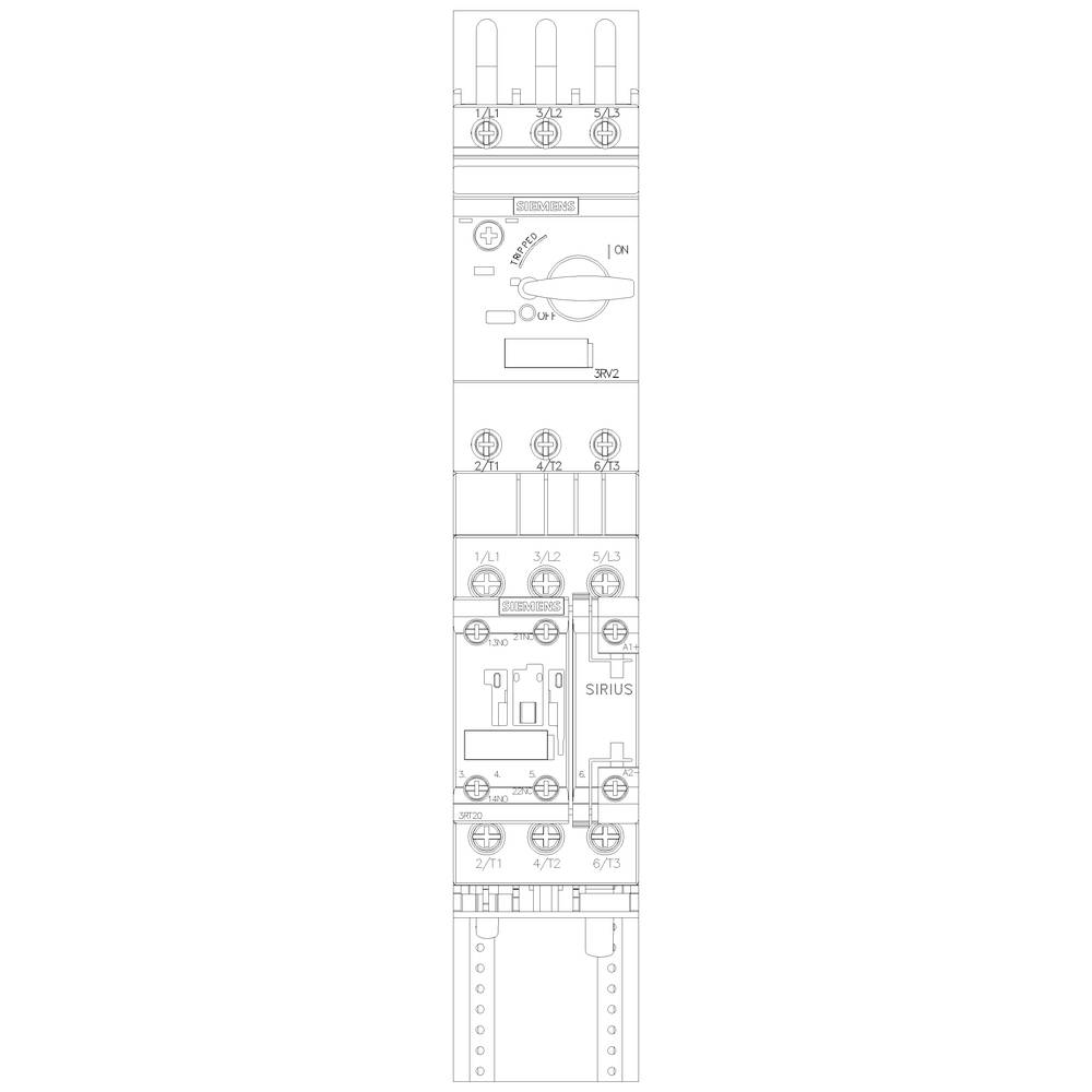A technical drawing of an electrical switchgear with multiple modules, switches, and connections, labelled 'SIRIUS'.