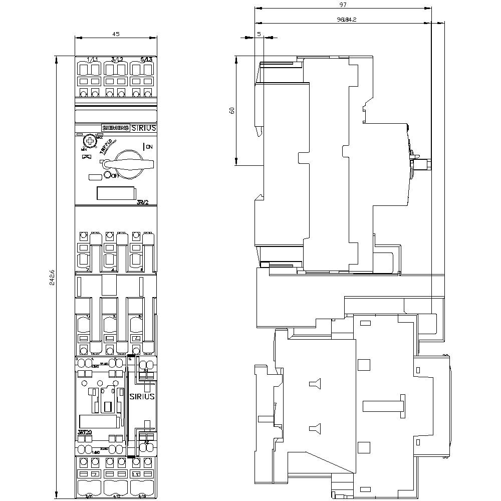 Technical drawing of an electrical device with dimensions in millimetres. Detailed front and side view for assembly instructions.