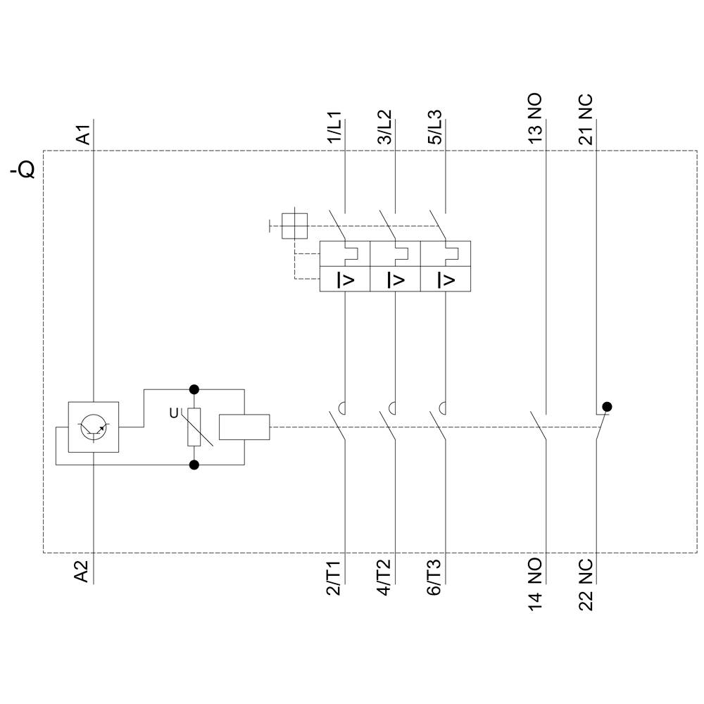 The diagram shows an electrical circuit diagram with contactors and contacts for control; contains symbols and connections.