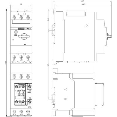 Technical drawing of an electrical switch. Shows front and side views with detailed dimensions and labels.