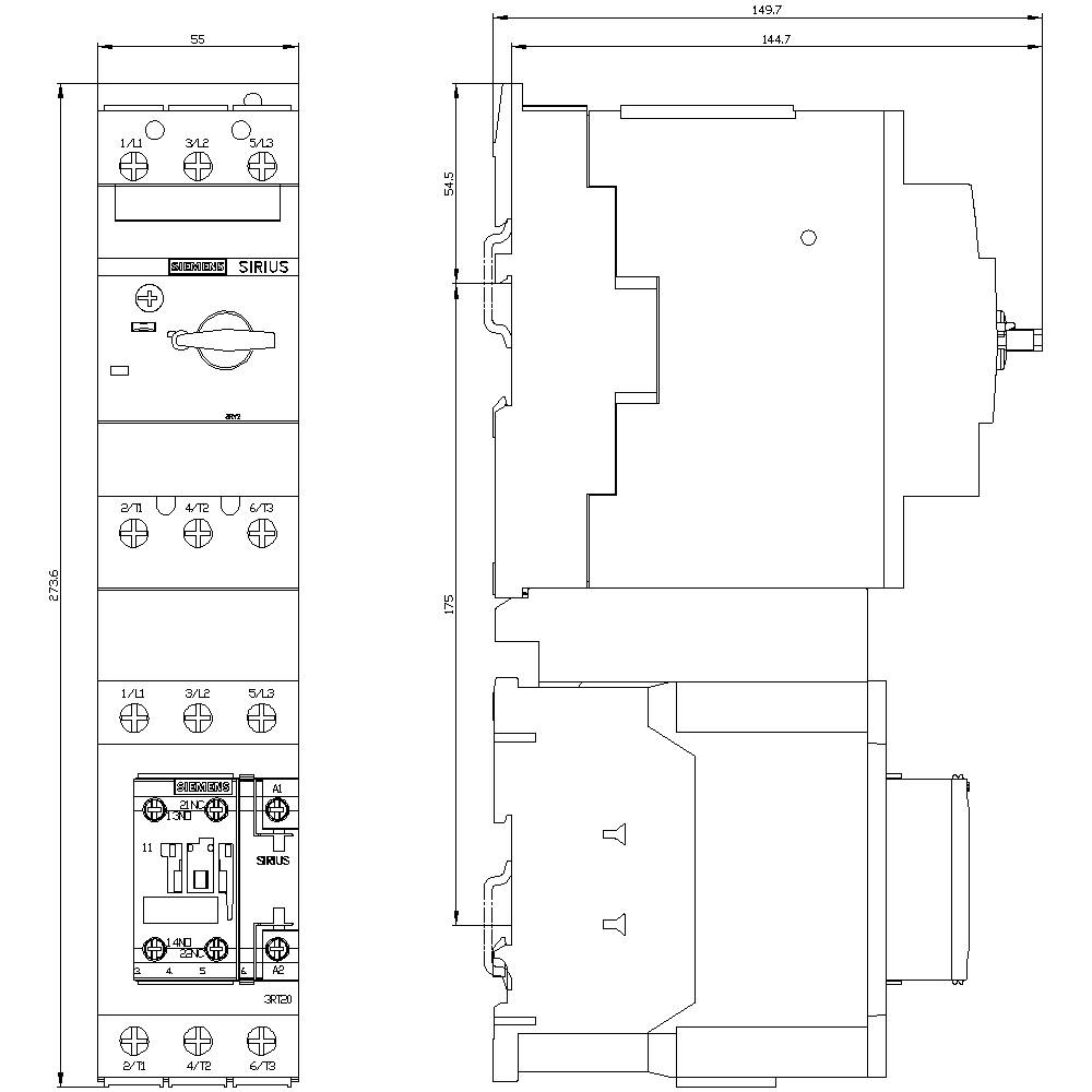Technical drawing of a contactor with dimensions in millimetres. Shows front and side view with specific details such as circuit layouts.