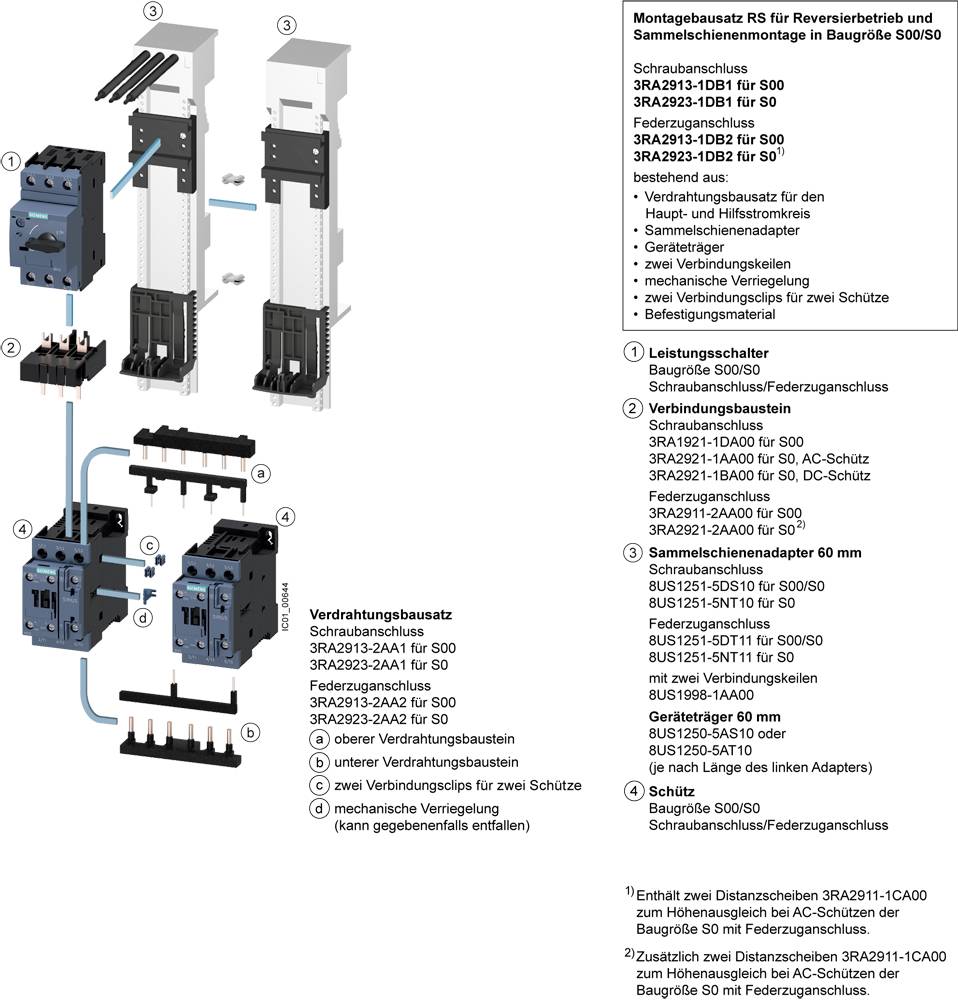 'Mounting Kit RS for Reversing Operation and Busbar Installation in Size S00/S0' with description of screw connections and wiring kit.