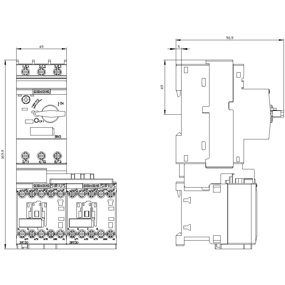 Technical drawing of an electronic compact power limiter with side and front views, including dimensional specifications.