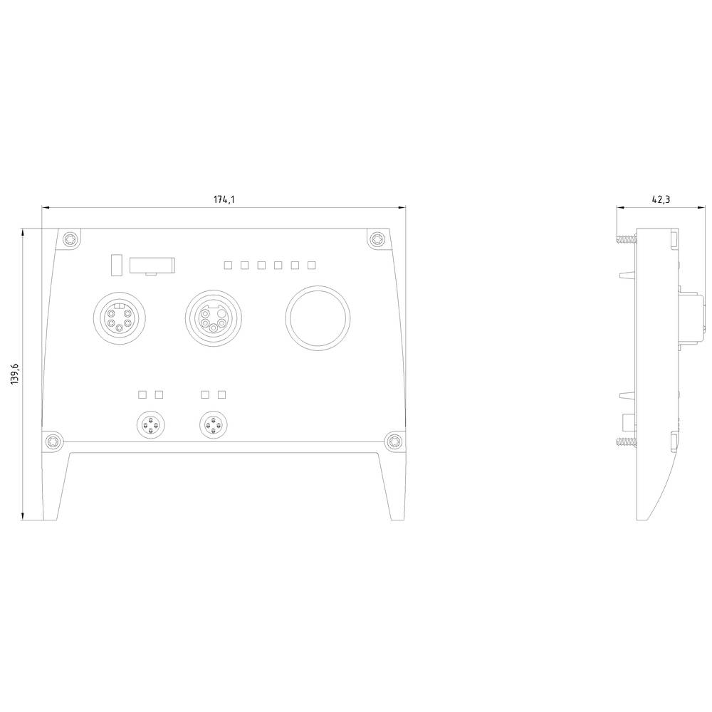 Technical drawing of a rectangular electronic device with various ports and dimensions, detailed from side and front perspectives.