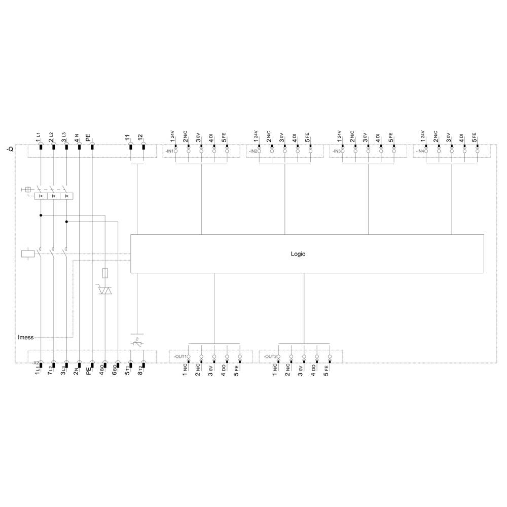 Electrical circuit diagram with logical components and connections. Shows links to the logic module and various inputs and outputs.