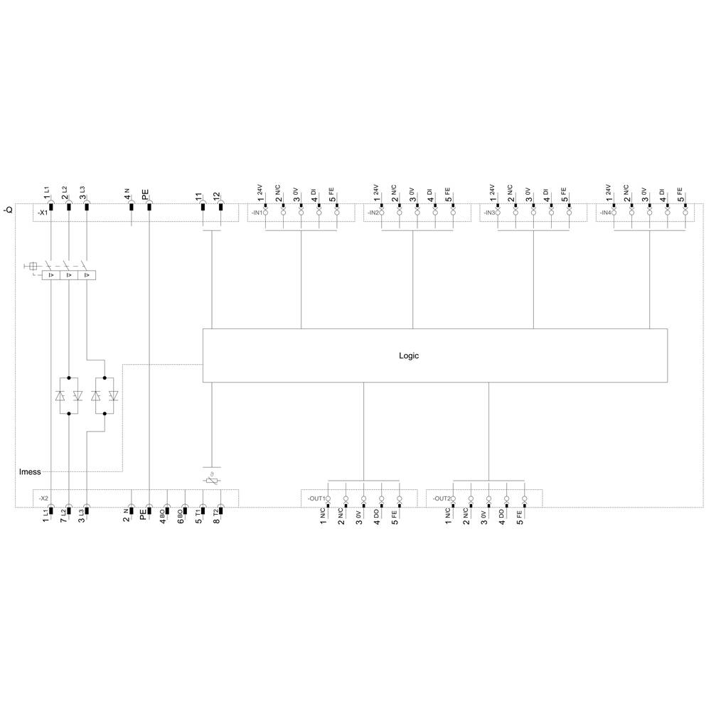 Circuit diagram of a logical circuit with inputs, logic unit and outputs. Main transmission lines and connections are marked.