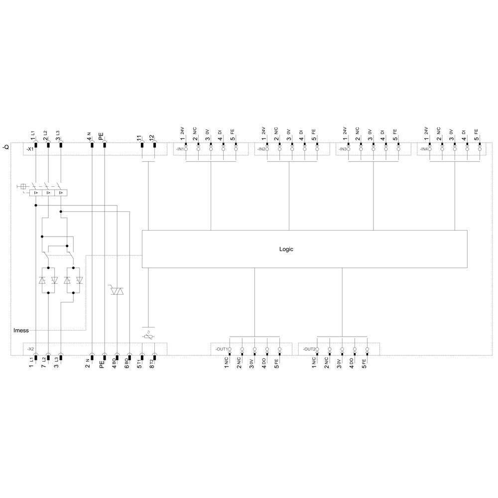 Circuit diagram of an electrical system showing logic models, connections, and current flows. Key components are highlighted.