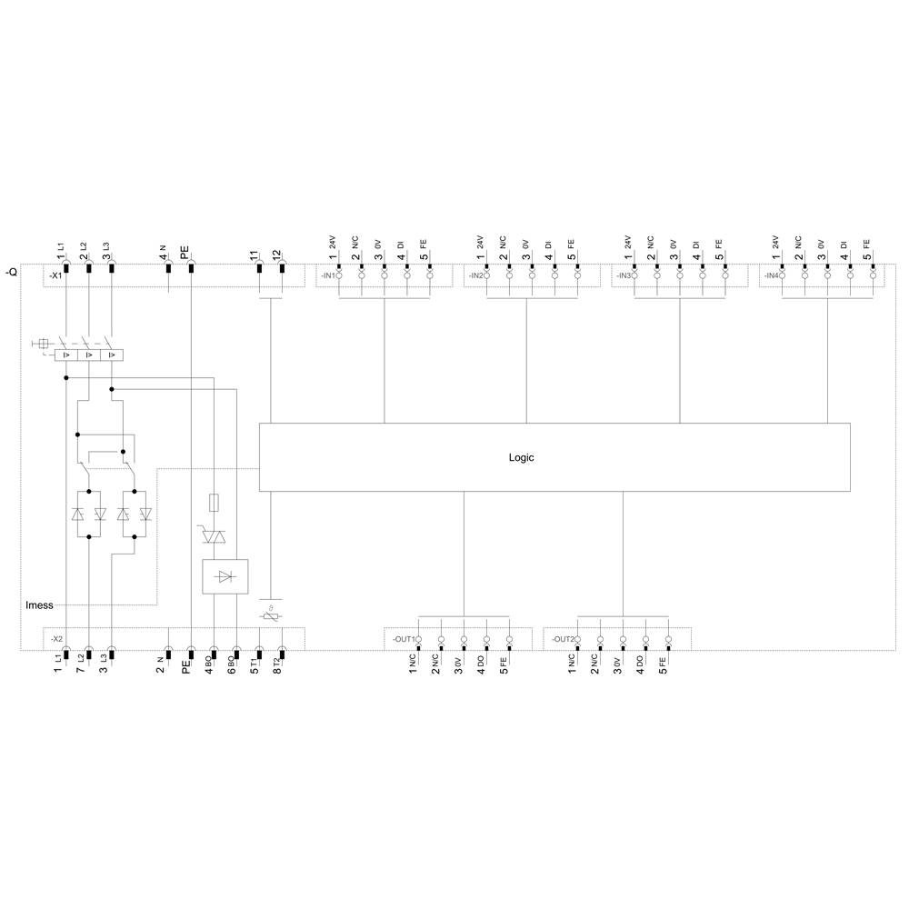 'Block diagram of a logic system with inputs and outputs, showing circuits, logic unit, and data flow. Left: Input signals, right: Output signals.'