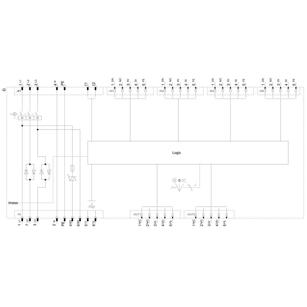 Circuit diagram of an electronic circuit with multiple inputs and outputs, logic gate in the centre, various paths and components.