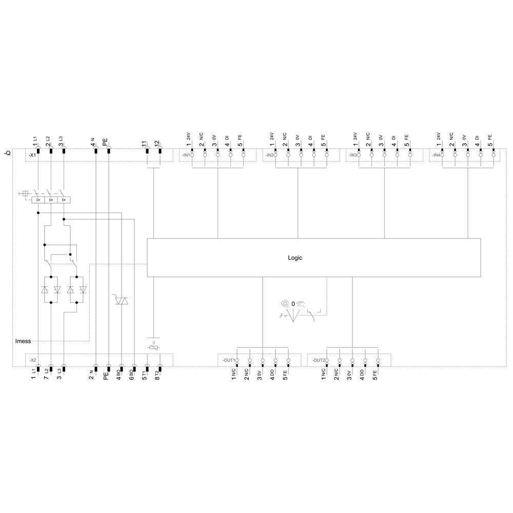 'Schematic representation of a logic circuit with input and output pins and a central logic block. Labels indicate connections.'