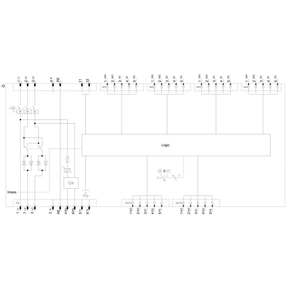 'Circuit diagram of a logic circuit with multiple inputs, outputs, and a logic segment in the centre, showing electrical connections.'