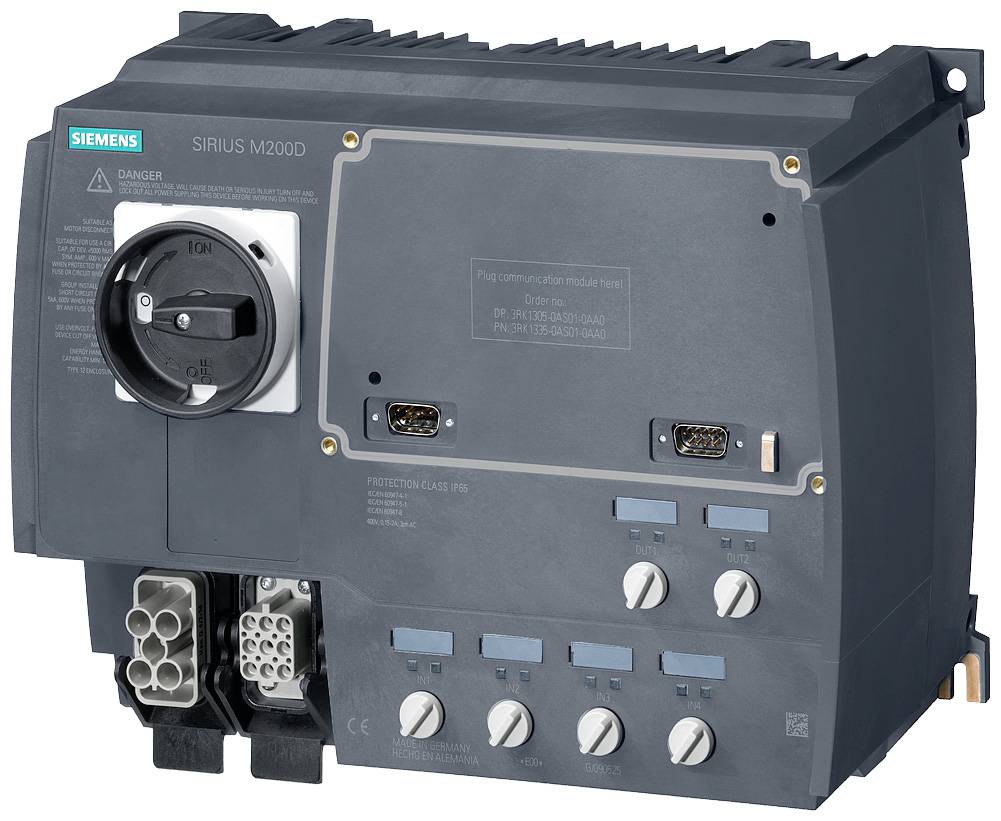 A black Siemens SIRIUS M200D switch. Contains controls, terminals, and switches on the front panel. Model designation in the top left corner.