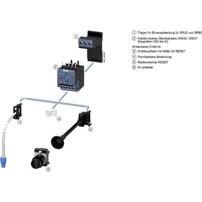 'Block diagram of an add-on kit for electronic motor protection relays. Labelling explains components: Individual triggering, accessories, reset options.'