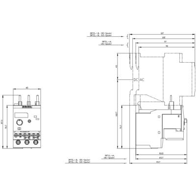 Technical drawing of an electrical control cabinet with dimensions. Shows front and side view, including specific measurements and connections.
