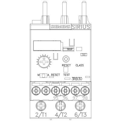 A technical diagram of a Siemens SIRIUS device with connections and control elements, including 'RESET', 'TEST', and 'TRIP'.