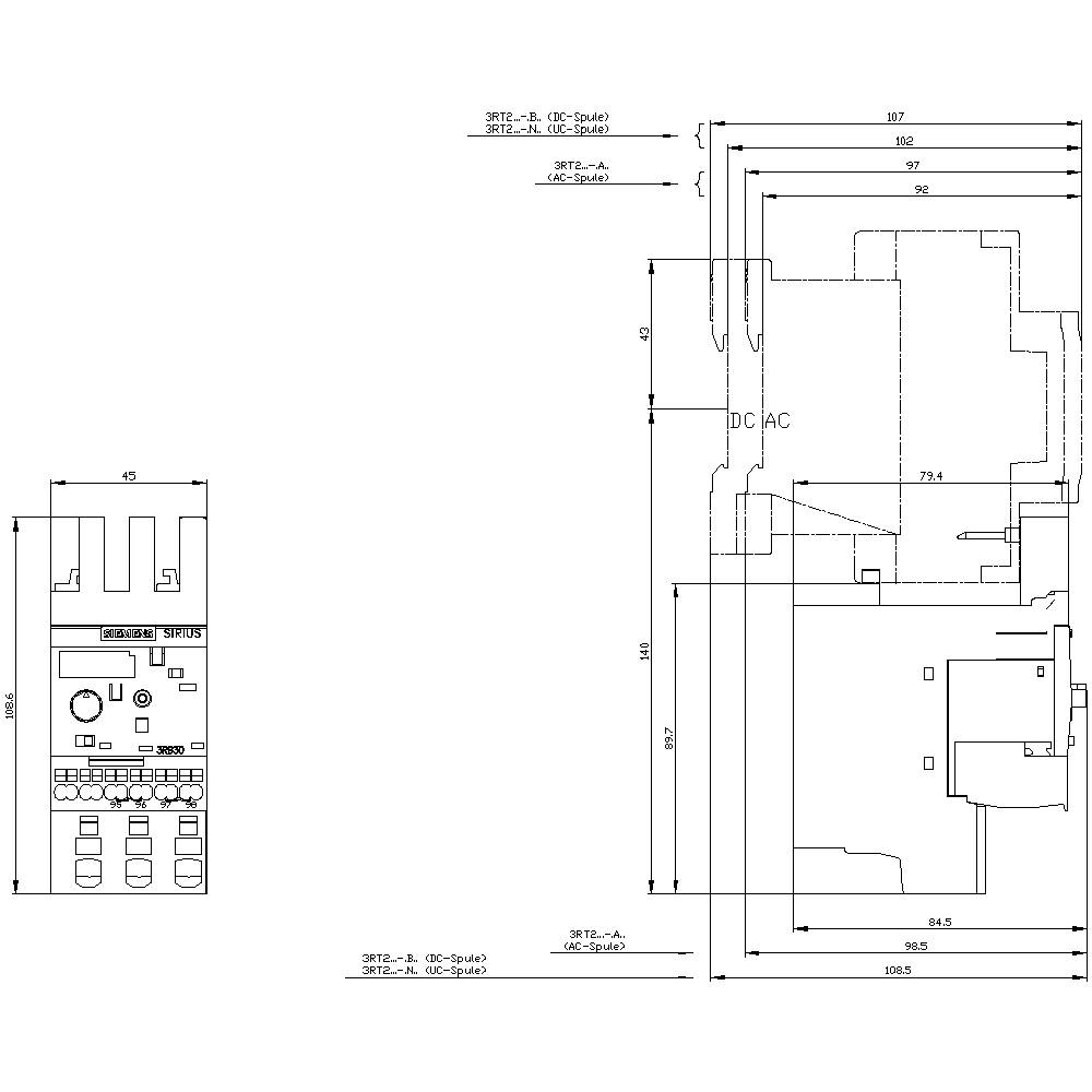 Technical drawing of an electrical device with dimensions in millimetres. Illustrates details and connections in two views.