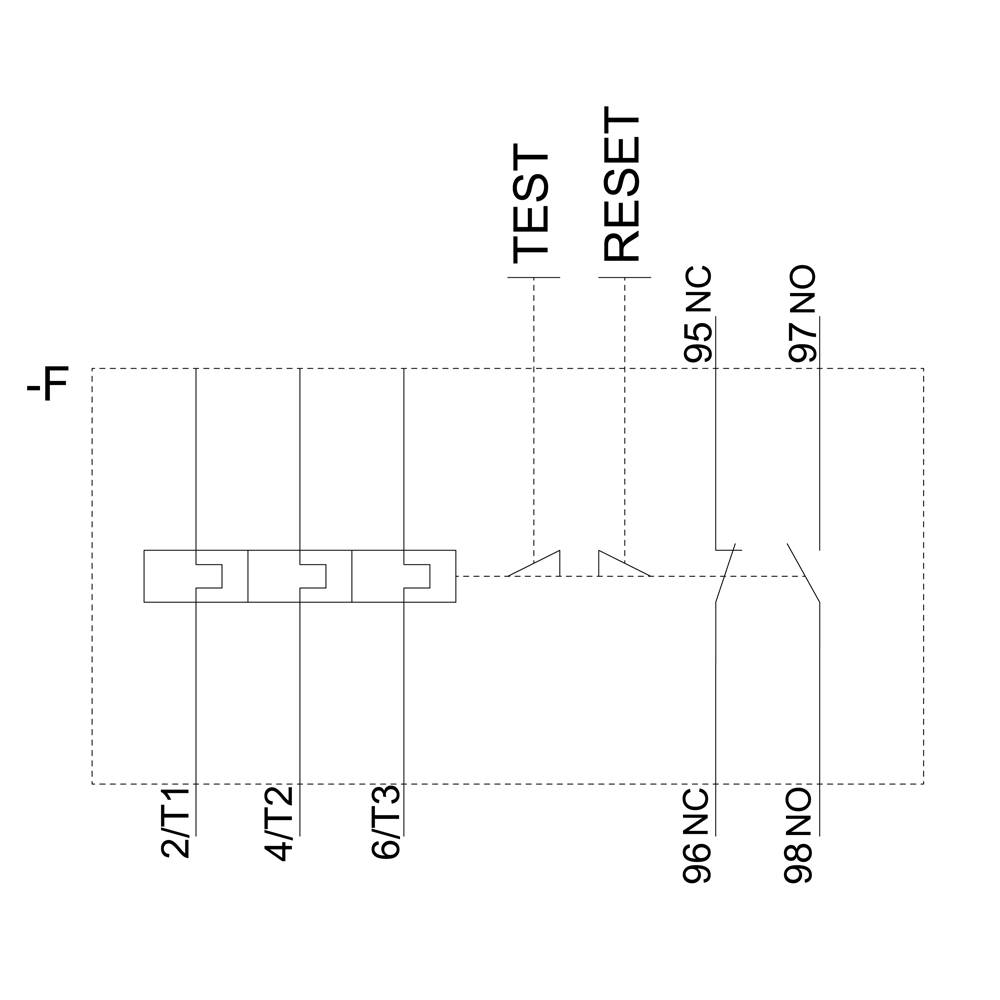 Circuit diagram of a power switch with test and reset buttons. Labelled with '2/T1', '4/T2', '6/T3', '96 NC', '98 NO', '95 NC', '97 NO'.