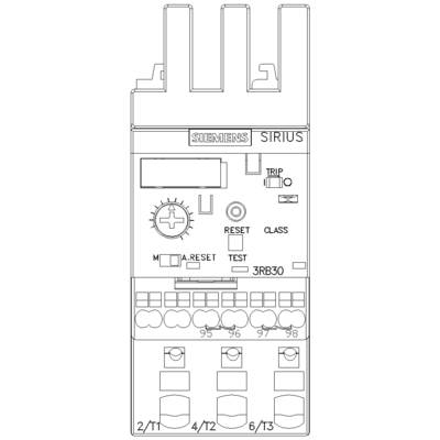Figure of a Siemens SIRIUS overload relay. Shows switch, current rating adjustment dial, and test/reset buttons.