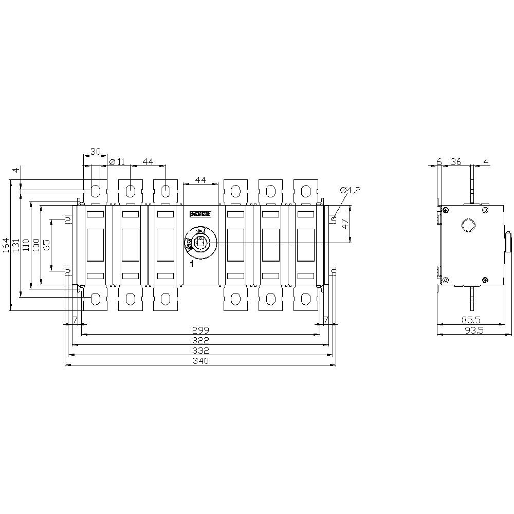 Technical drawing of an electrical switch with dimensions and connection points, front and side view.