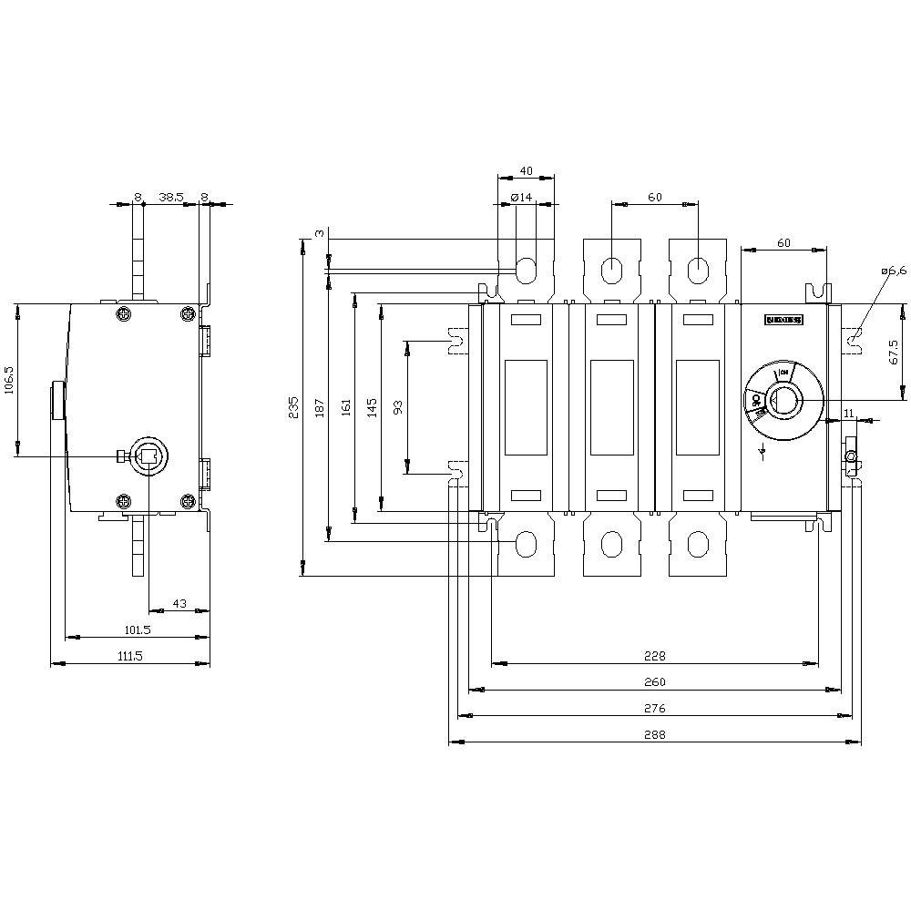Technical drawing of a three-pole switch with detailed dimensions. Front and side view, with various dimensions indicated.