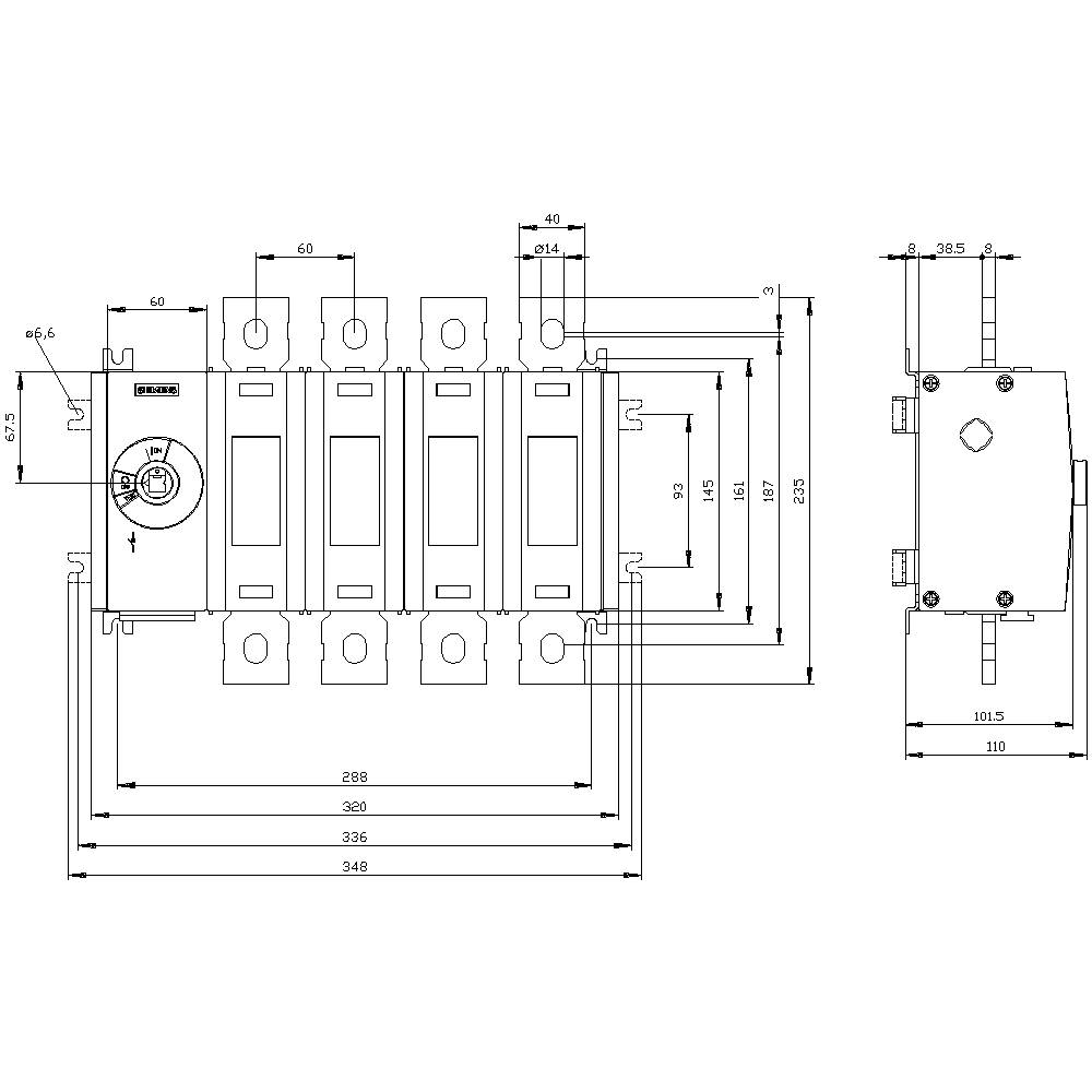 Technical drawing of an electrical switch with dimensions in millimetres. Front and side views depicted.