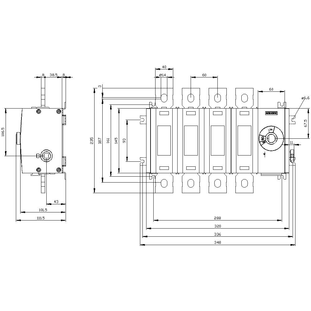 Technical drawing of an electrical switch with dimensions. Shows front and side view. Markings for drill holes and switch position.