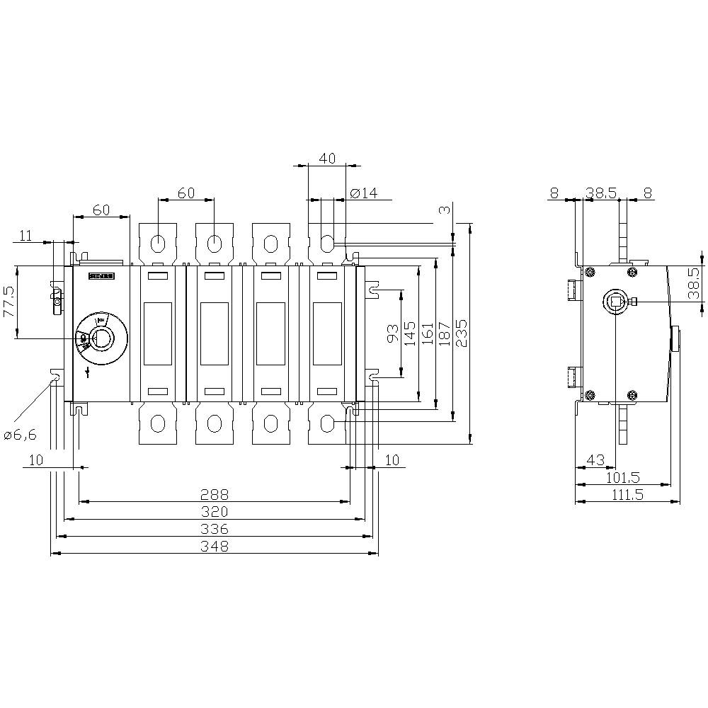 Technical drawing of an electrical switch with detailed dimensions and drill holes. Front and side views.