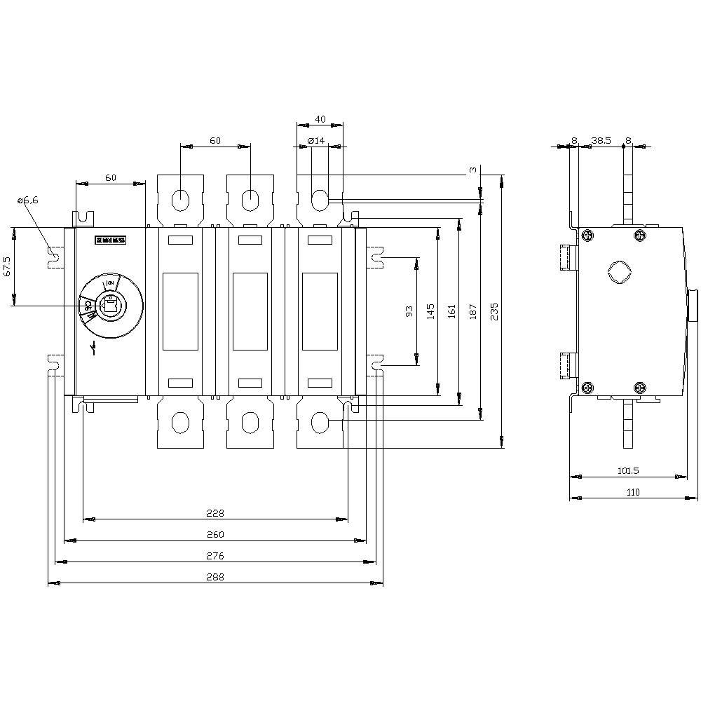 Technical drawing of a circuit breaker with detailed dimensional specifications in millimetres. Top view and side view are illustrated.
