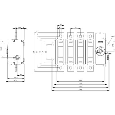 Technical drawing of an electrical product with detailed dimensions and component labelling on the right, additional side view on the left.