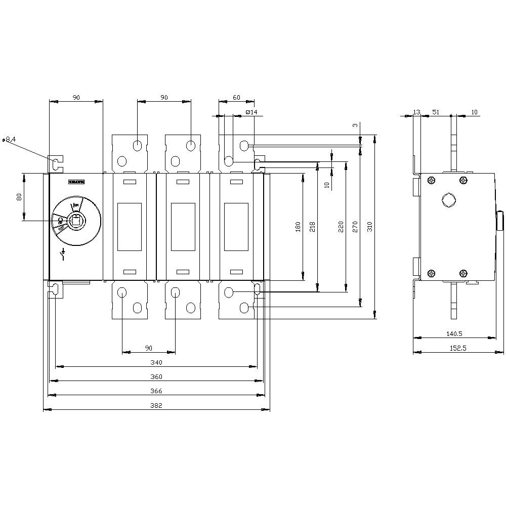 Technical drawing of a component with detailed dimensions and descriptions. Shows front and side views.