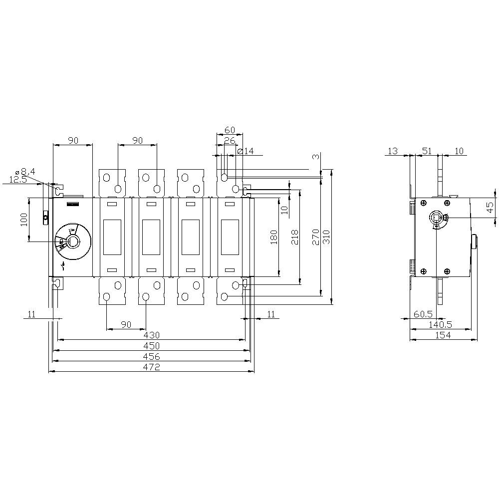 Technical drawing of an electrical switch with detailed dimensions in millimetres, showing front and side views for installation.