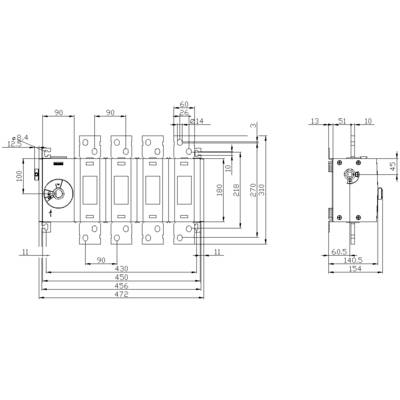 Technical drawing of a switch with dimensional specifications. Shows front and side views with detailed measurements in millimetres.