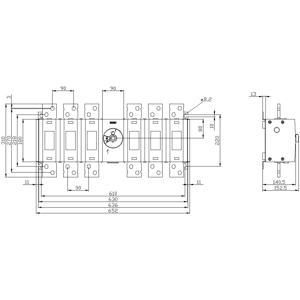Technical drawing of an electrical switch with dimensions and labels in millimetres. Frontal and side views depicted.
