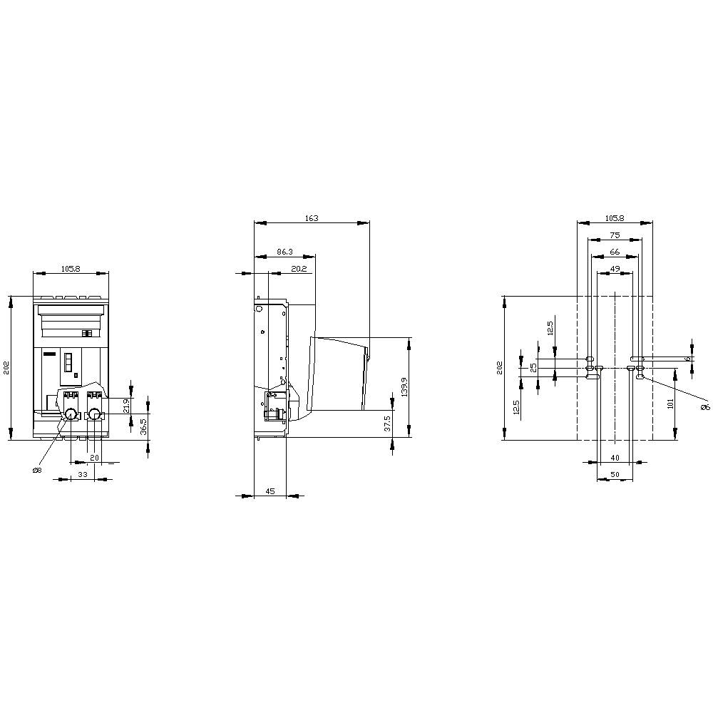 Technical drawing of a device with dimensions in millimetres. Front, side, and top views are shown, each with detailed dimensional specifications.