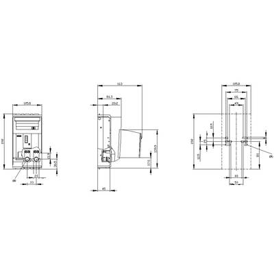 Technical drawing of a device with dimensions in millimetres. Front, side, and top views are shown, each with detailed dimensional specifications.