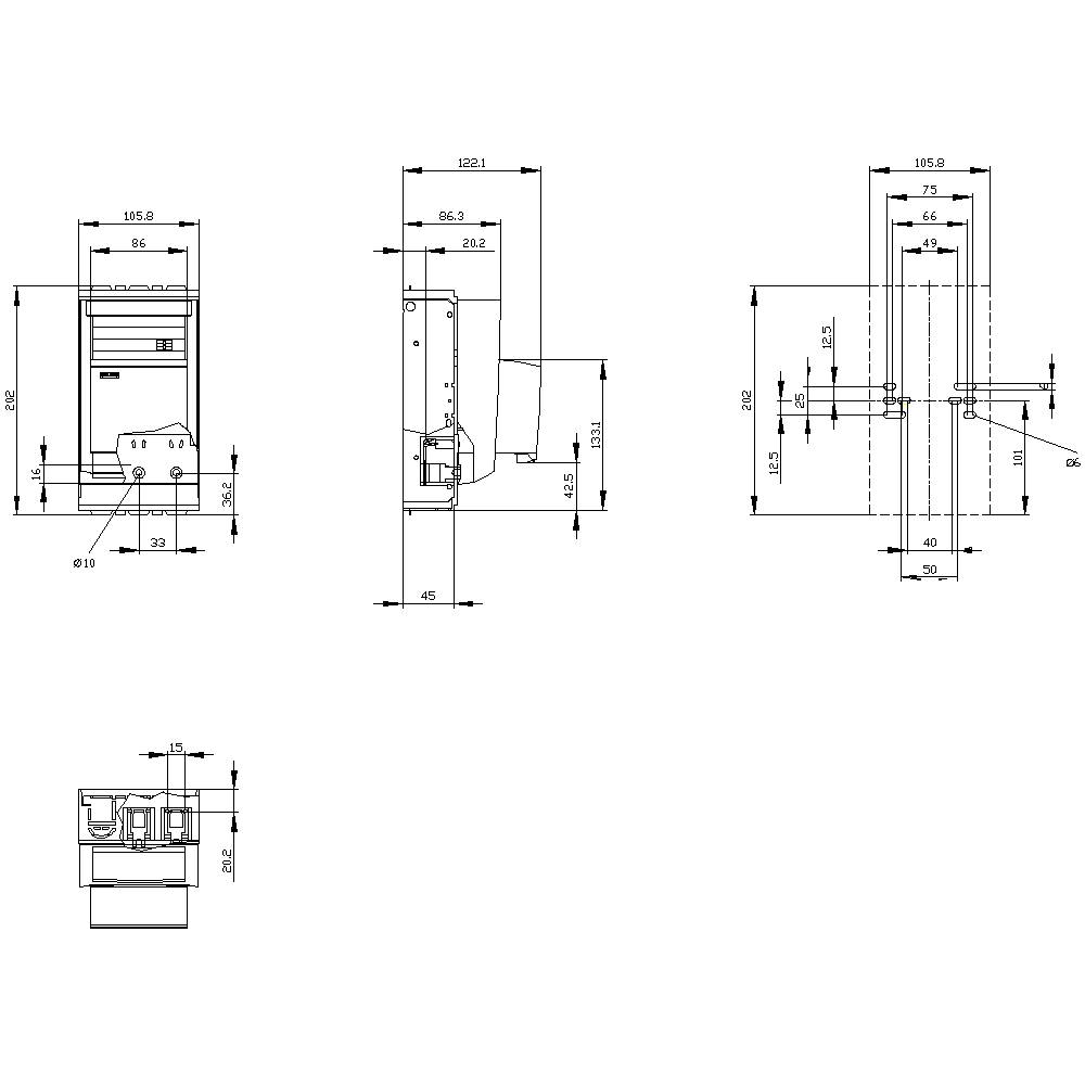 Technical drawing of a unit with multiple views and precise dimensions. Contains measurements and specifications for assembly and installation.