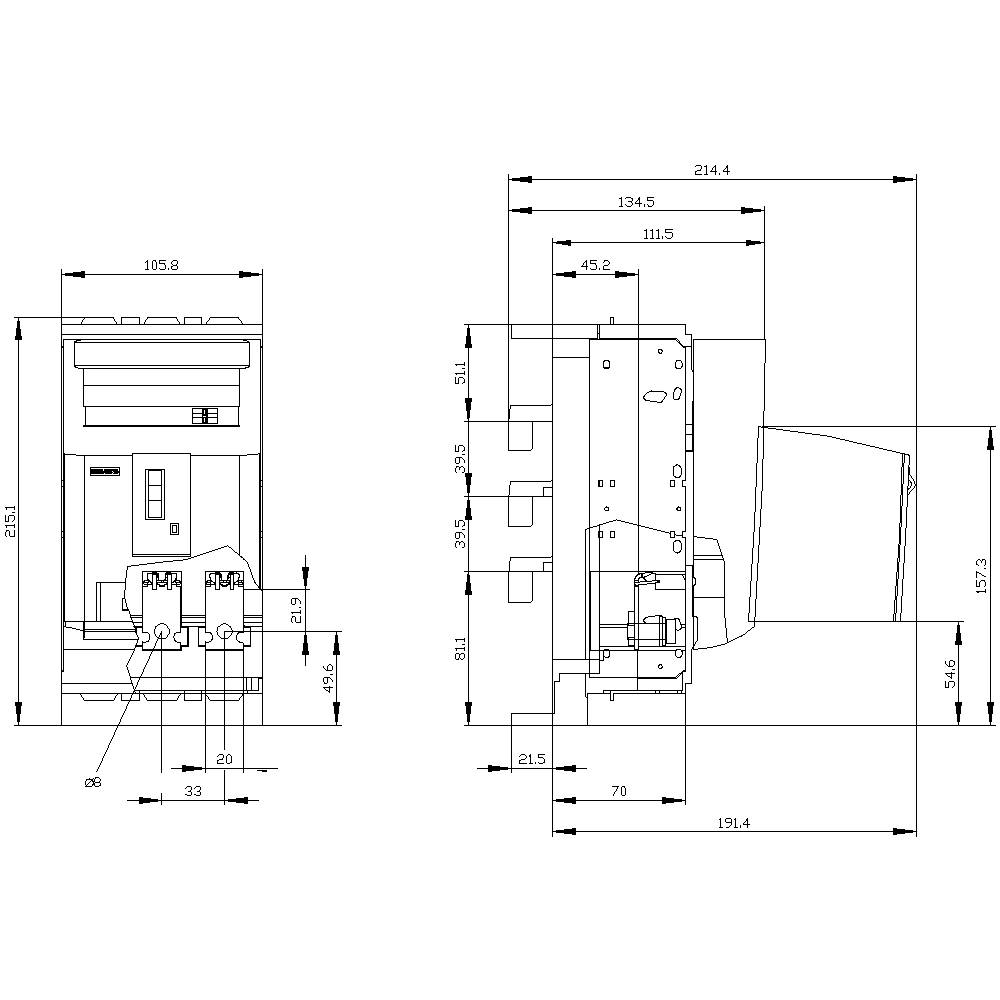 Technical drawing of an electrical device with dimensions in millimetres. Front and side views show detailed measurements and connections.
